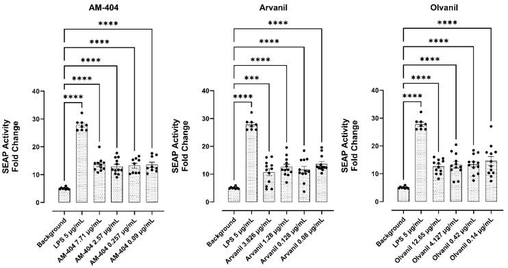 The cells stably express a secreted embryonic alkaline phosphatase (SEAP) gene inducible by NF-kB and AP-1 transcription factors. Upon stimulation, RAW-Blue™ cells activate NF-kB and AP-1, leading to the secretion of SEAP, which is detectable and measurable when using QUANTI-Blue™, a SEAP detection medium (Invivogen). Quantitative spectrophotometry analysis of the effect of LPS and AM-404-, Arvanil-, and Olvanil-induced SEAP activity in the culture medium. The measurement of the relative SEAP activity was calculated as fold change in each compound (SEAP activity in medium from treated cells minus no cell background over SEAP activity in medium from untreated cells minus background). Results are the means of three separate experiments. Statistical significance, as indicated by asterisks, was calculated with ANOVA and Fisher’s uncorrected LSD multiple comparisons post hoc test at a confidence level of 95%.**** p < 0.0001, *** p < 0.001.