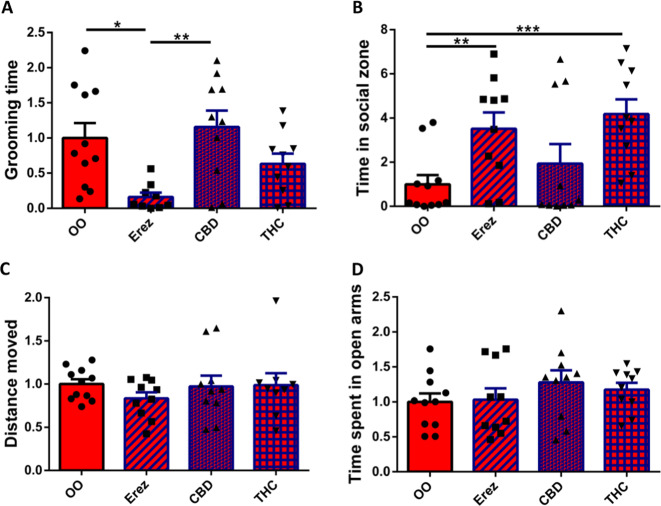 CBD alone is not responsible for the behavioral effects of Avidekel oil on InsG3680 Shank3 mutant mice behavior.A Repetitive grooming behavior test. Erez oil-treated InsG3680 Shank3 mutant mice spent one-fifth of the time grooming, compared to the olive oil-treated InsG3680 Shank3 control group. Furthermore, while CBD treatment did not affect InsG3680 Shank3 mutant mice repetitive grooming behavior, THC treatment caused an insignificant trend of decrease in this behavior. B Social approach test. Both Erez oil and THC-treated InsG3680 Shank3 mutant mice spent significantly more time in the social zone in the social approach test, normalized to the olive oil-treated InsG3680 Shank3 mutant mice. Again, no significant change was observed in the CBD treatment group. C Open field test. InsG3680 Shank3 mutant mice showed no change in the locomotor activity as measured in the open field test after treatment with either CBD, THC, or Erez oil, normalized to the olive oil control group. D Elevated plus maze test. InsG3680 Shank3 mutant mice treated with either CBD, THC, or Erez oil did not manifest changes in the time spent exploring the open arms in the elevated plus maze test, normalized to the olive oil-treated InsG3680 Shank3 mutant mice. Results are normalized to the InsG3680 Shank3 olive oil control. All data are presented as mean ± SEM. N = 40 (10 in each group). *p < 0.05, **p < 0.01, ***p < 0.0006. Two-tailed t-test between groups.