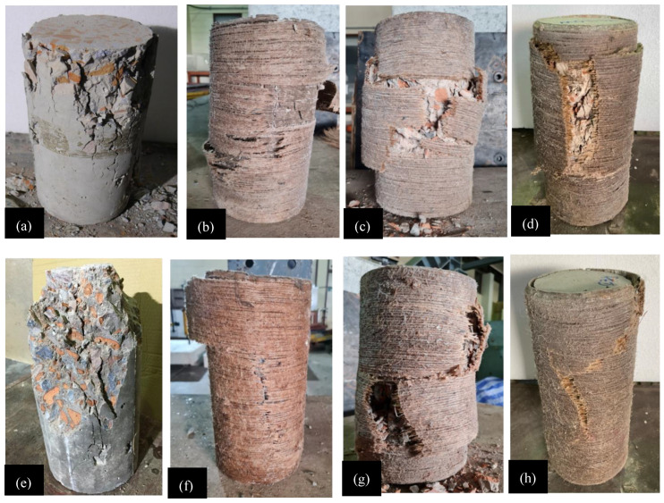 Ultimate failure pattern of specimens: (a) C-LS-CBB-CON, (b) C-LS-CBB-1H, (c) C-LS-CBB-2H, (d) C-LS-CBB-3H, (e) C-HS-CBB-CON, (f) C-HS-CBB-1H, (g) C-HS-CBB-2H, and (h) C-HS-CBB-3H.