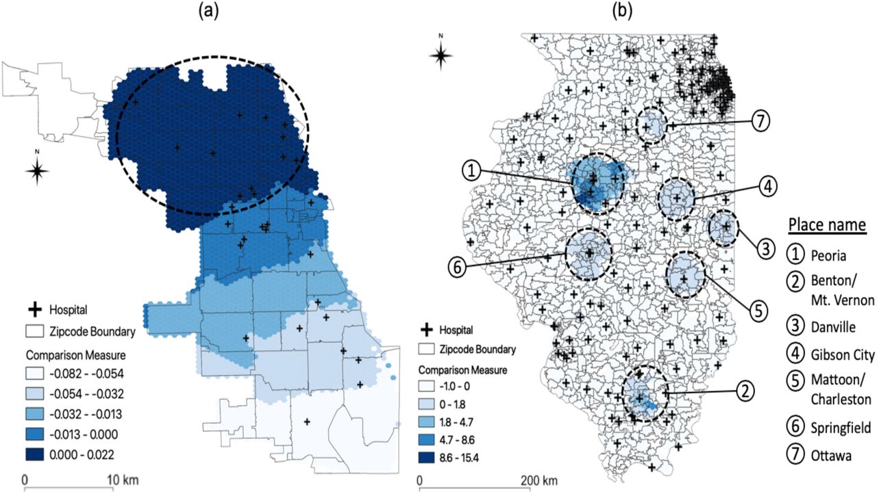 Comparison of spatial accessibility measure: (a) Chicago; and (b) Illinois.