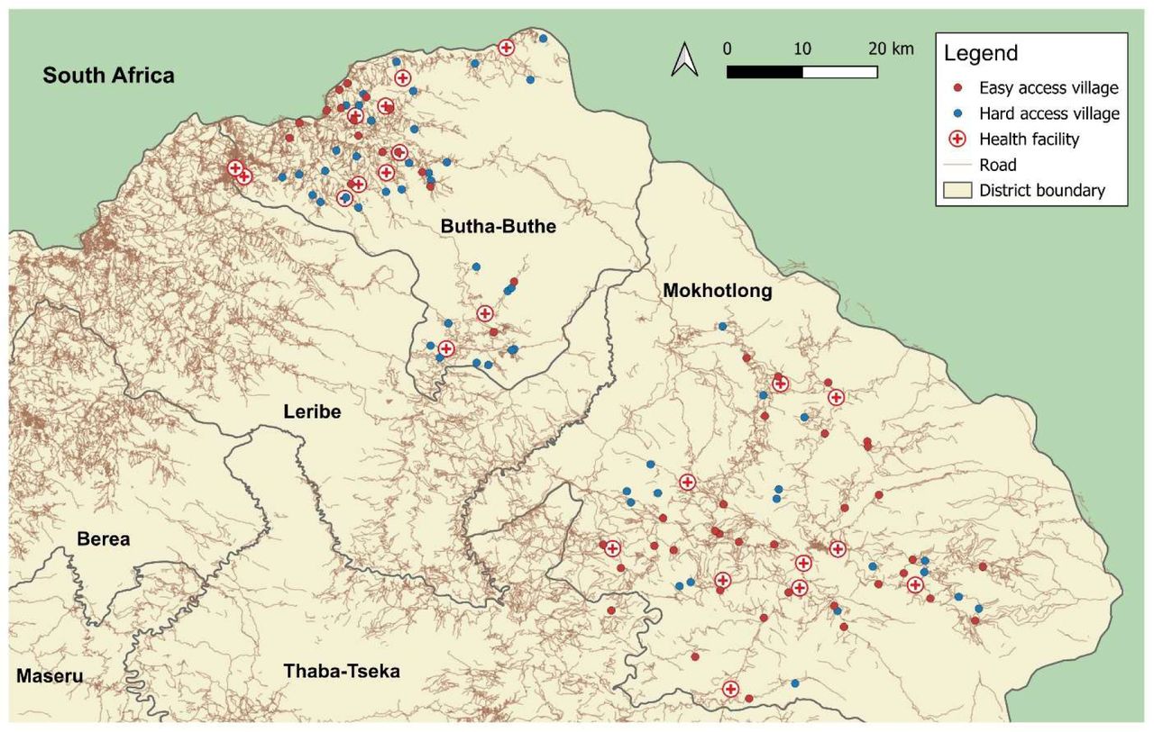 Location of the study villages and health facilities in Butha-Buthe and Mokhotlong districts in Lesotho. Hard access village: Needing to cross a mountain or river or travel >10 km to the nearest health facility. Map was produced by TL using QGIS v3.34 [46].