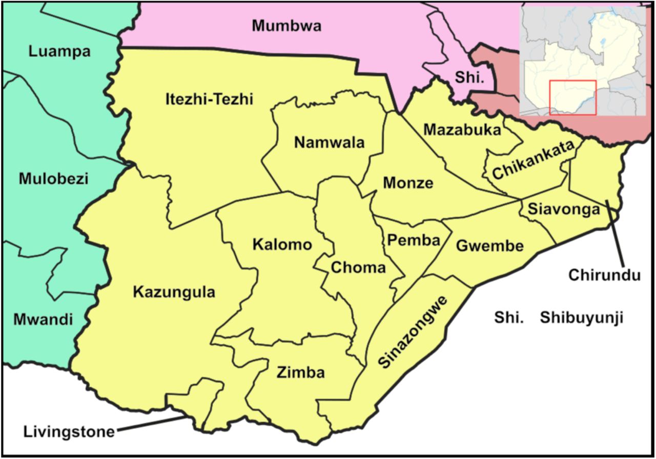 Map of Southern Province, ZambiaFurfur, Peter in s, Location map:NordNordWest - Zambia districts 2022.svg,