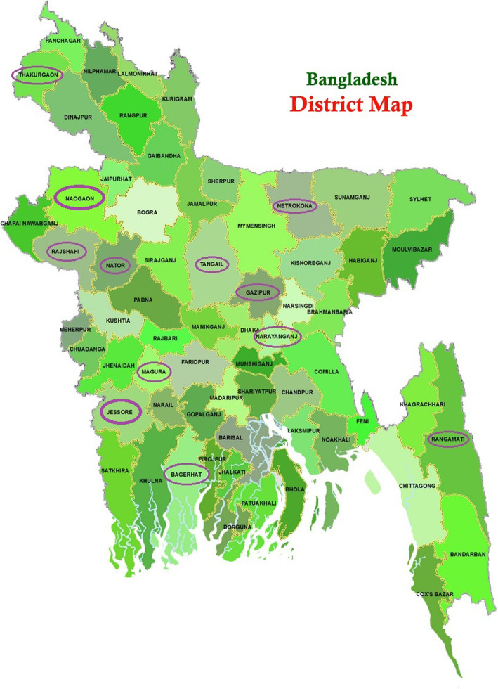District map of Bangladesh. Circles showing the name of the informed districts from where the survey was conducted by authors. Map source: PNGWING (https://www.pngwing.com/en/free-png-hzazs)