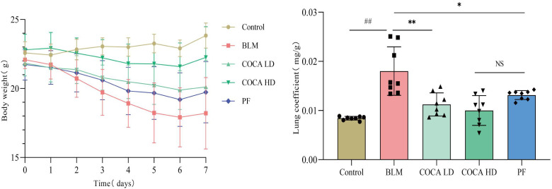Weight change curve (left) and Lung Coefficient (right) of mice in each group (NSP > 0.05, *P < 0.05, **P < 0.01).