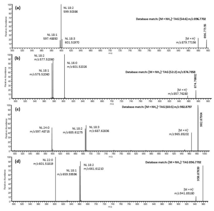 Representative mass spectrum of TAGs with fragmentation ions corresponding to neutral loss (NL). (a) TAG (54:6) 18:3/18:2/18:1, (b) TAG (52:3) 18:2/18:1/16:0, (c) TAG (60:5) 24:0/18:3/18:2 and (d) TAG (58:3) 22:0/18:2/18:1 with their fragmentation ions.