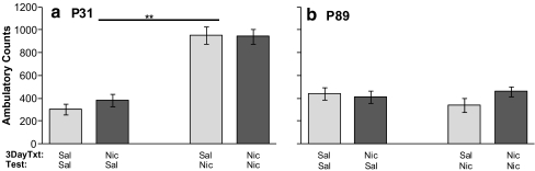 Effects of age and nicotine pretreatment on nicotine-induced locomotion. Mean ± SEM ambulatory counts are graphed for pretreated (3 DayTxt, 3 days i.v. 0.03 mg/kg nicotine or saline) adolescent (P31, a) and adult (P89, b) rats after i.v. nicotine (Nic, 0.03 mg/kg) or saline (Sal) injection (Test). There was no effect of pretreatment at either age. Adolescents showed a significant nicotine-induced increase in ambulatory (a); ** p < 0.001) activity compared to saline-challenged controls. Adult animals did not have significant nicotine-induced locomotor behavior (n). n = 8–12/group