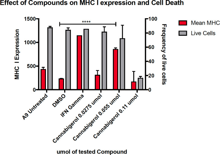 MHC-I downregulation is reversible by IFN-γ or cannabigerol in metastatic murine cells. The murine lung cancer cell line, A9 was treated with various doses of CBG and compared with induction by IFN-γ. MHC-I was measured by flow cytometry after 48 hr. In comparison to the vehicle control DMSO, significant induction (*) was demonstrated at 0.0275 µM and 0.055 µM of CBG (red) while cell viability (grey) was maintained above 70% for both concentrations of CBG. These data are representative of three independent experiments.