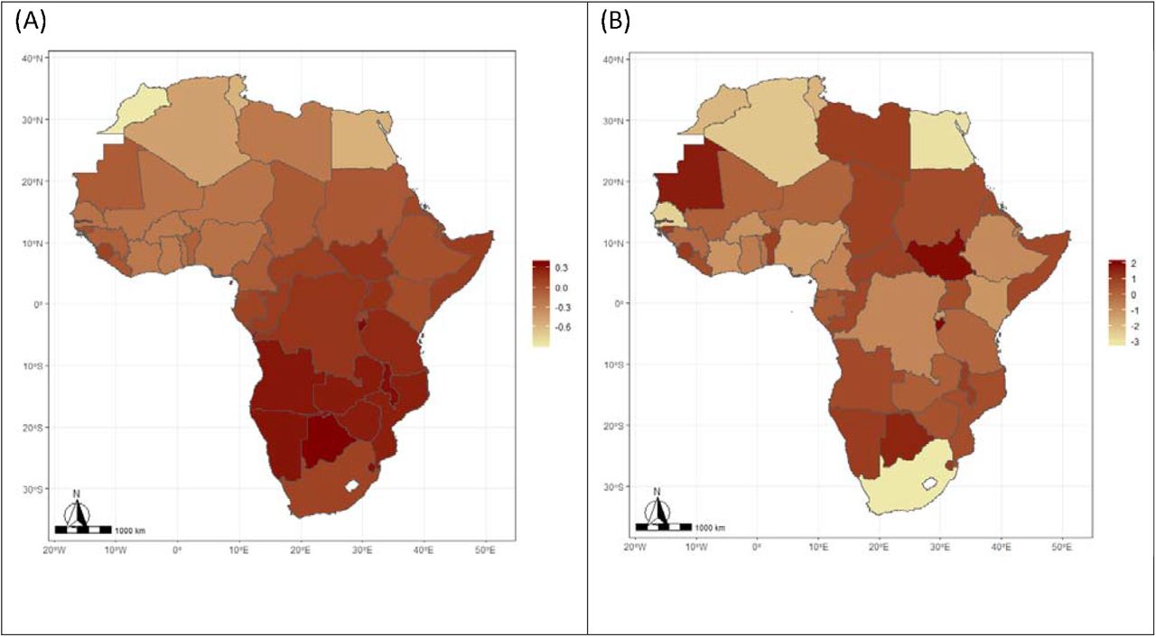 Structured (A) and unstructured (B) spatial effects for the probability of no occurrence of COVID-19 (pi parameter) in Africa