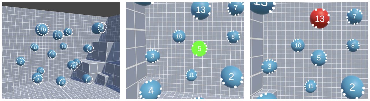 (Left) 15 numbered targets dispersed across a three-dimensional space in the Unity game engine. (Middle) A screen capture of the user’s view depicting the target’s bright green stimuli in the Intent-to-select and Intent-to-observe with feedback conditions. (Right) A screen capture of the user’s view depicting the Intent-to-observe without feedback condition where the target remained red, indicating the user’s current visual focus.