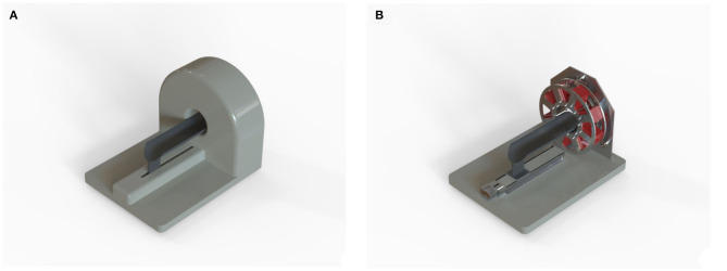 Dedicated SPECT system for in-vivo preclinical molecular imaging; (A) 3D rendering of the system. (B) Inner structure that shows the eight detector heads mounted on a rotary stage.
