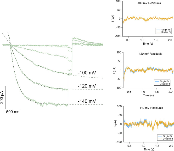 Comparison of single and double exponential fits. Left: Representative trace of holo mHCN4 after application of 5 µM CBD (green). Single exponential fits for −100, −120, and −140 mV traces shown as a dashed line. Right: Comparison of residuals from single (blue) and double (orange) exponential fits for a representative trace shown to left. Based on the lack of change in residuals with increase to a double exponential equation, single exponential fits were deemed sufficient to describe the activation curves.