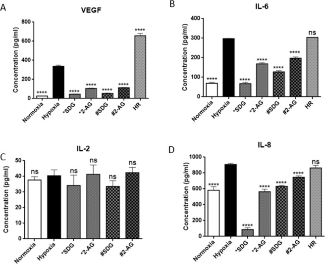 Treatment with Secoisolariciresinol diglycoside (SDG) and 2-Arachidonyl glycerol (2-AG) has an effect on cytokine production. Groups of 80 organoids each were pooled treated for 48 hours prior to culturing under hypoxic condition (*), treated during hypoxic condition only (#), or were non-treated, cultured under hypoxic conditions and then re-oxygenated under normoxic conditions for 24 hours (HR). Total protein extract from 80 organoids was then added to 6 well for the ELISA. Expression of VEGF was significantly increased under hypoxic condition compared to normoxic condition (A). Preliminary experiments to assess effects of SDG and 2-AG on the expression of VEGF shows a significant decrease when treated with 2-AG while SDG elicited not significant decrease in VEGF expression when compared to hypoxic condition (A). There was a slight increase in the secretion on IL-6 under hypoxic condition compared to normoxic condition. Treatment with SDG lowered the secretion of the cytokine and 2-AG treatment resulted in a significant decrease compared to hypoxic condition (B). Re-oxygenated organoids secreted higher amounts of IL-6 compared to hypoxic condition (B). There was no significant difference in IL-2 secretion in organoids under hypoxia compared to those under normoxia. Furthermore, the treatments did not have a significantly different profile compared to organoids under hypoxic conditions (C). IL-8 secretion under hypoxia was significantly increased compared to normoxia. Pretreatment with both SDG and 2-AG resulted in reduction in IL-8 secretion while reoxygenation did not have an effect (D). One-way ANOVA multiple comparison to hypoxia was used to analyze the data. n = 6 wells, ***P < 0.001, ****P < 0.0001. Data represented as mean \documentclass[12pt]{minimal} \usepackage{amsmath} \usepackage{wasysym} \usepackage{amsfonts} \usepackage{amssymb} \usepackage{amsbsy} \usepackage{mathrsfs} \usepackage{upgreek} \setlength{\oddsidemargin}{-69pt} \begin{document}$$\pm \,{\rm{SEM}}$$\end{document}±SEM.