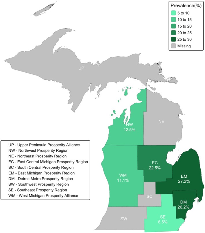 Weighted prevalence of prenatal cannabis use by geographic regions of sampled hospitals in Michigan, 2017–2023.