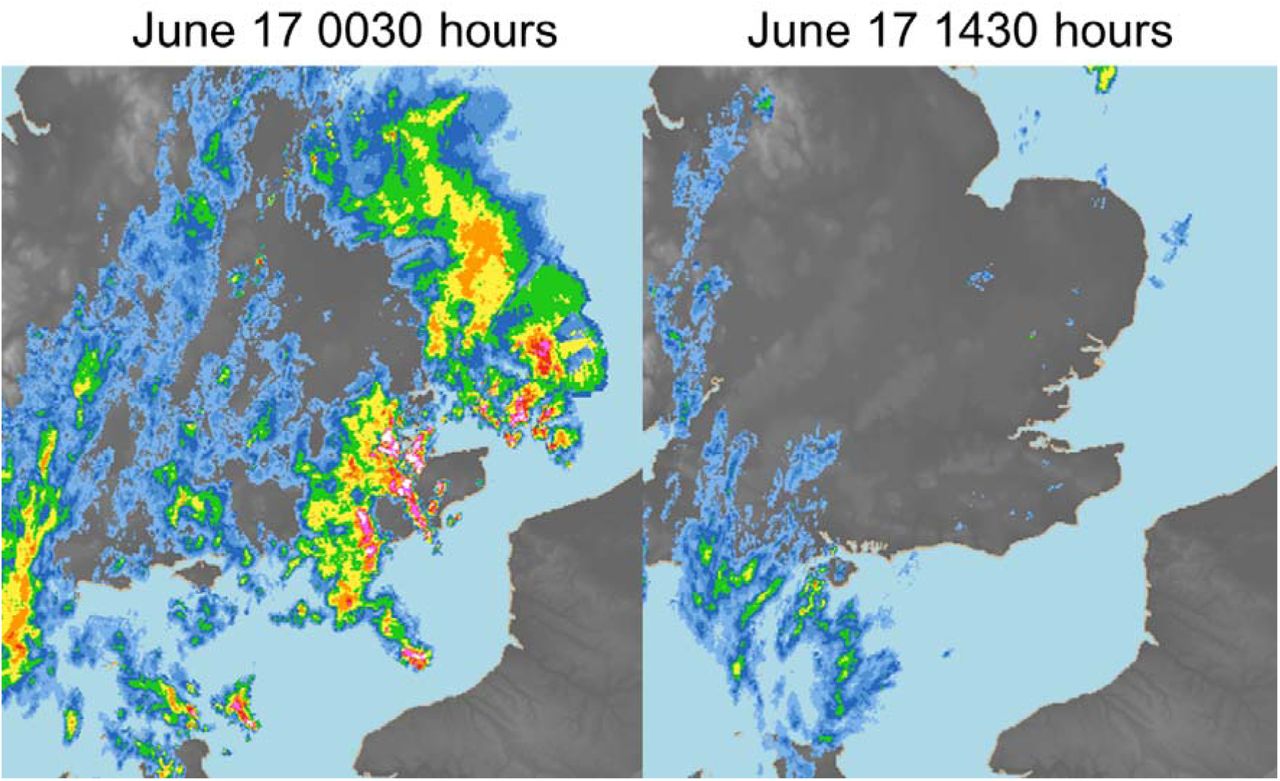 Rainfall radar for June 17 2021 0030BST (left panel) and 1430BST (right panel) centred on southeast England. Thunderstorm locations are illustrated by red and white pixels where rainfall is heaviest. Source: Met Office ©Crown Copyright 2021.