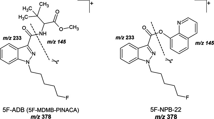 Fragmentation of 5F-ADB (5F-MDMB-PINACA) and 5F-NPB-22 during ESI (+) collision-induced dissociation (CID)