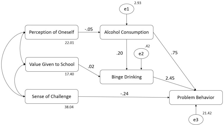 Structural equation model (SEM) with estimated parameters: aspects of school life, alcohol consumption, binge drinking, and problem behavior.