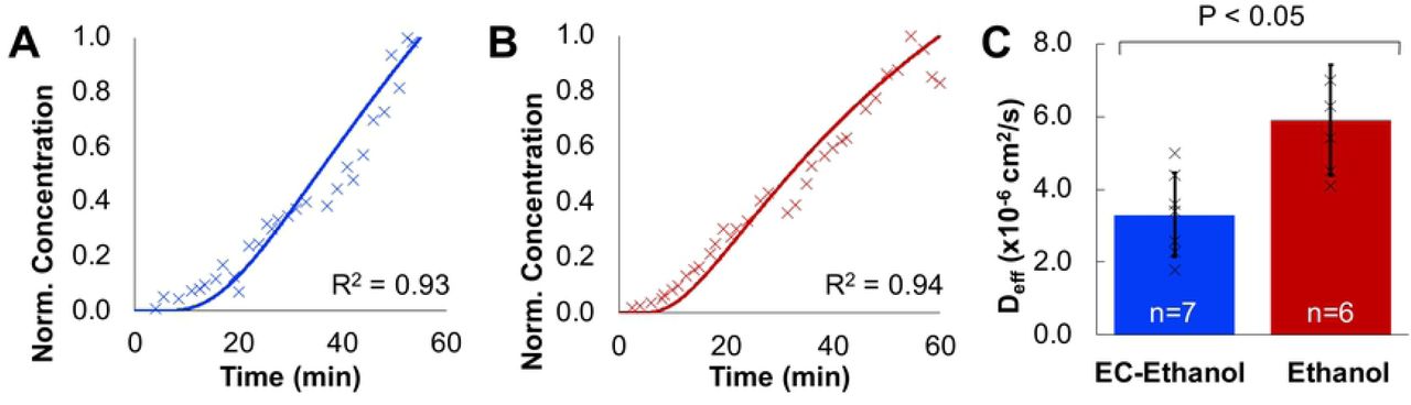 Quantification of Diffusion Coefficient of EC-Ethanol and Pure Ethanol with Raman Spectroscopy.(A) Representative ethanol concentration measurements for 6% EC-Ethanol measured with Raman spectroscopy and fit to a diffusion curve for Deff of 1.9×10−6 cm2/s. (B) Representative ethanol concentration for pure ethanol measured with Raman spectroscopy and fit to a diffusion curve for Deff of 5.4×10−6 cm2/s. (C) The effective diffusion coefficient was slower when using EC-ethanol (n=7) compared to pure ethanol (n=6). Bars indicate SD. *P<0.05 using Tukey’s HSD test.