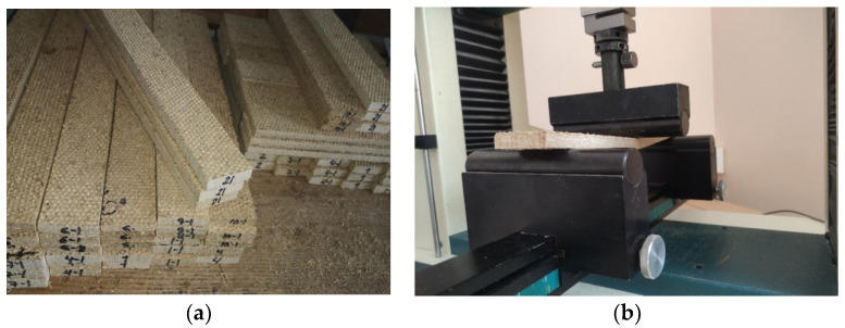Determination of bending strength: (a) preparation of specimens for bending strength tests; (b) specimen during testing between press supports.