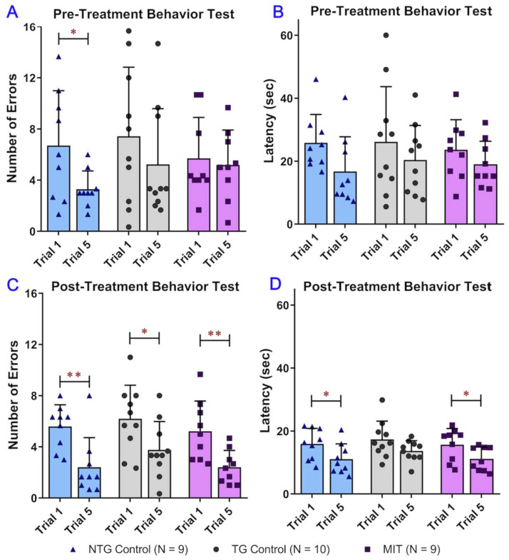 Evaluation of the spatial reference memory of 12-month-old wild-type C57BL/6 mice and transgenic APP/PS1 mice using the radial arm water maze (RAWM) test. C57BL/6 mice and transgenic APP/PS1 mice were divided into three study groups, i.e., the non-transgenic control (NTG), transgenic APP/PS1 (TG) control, and TG MIT treatment groups, and treated with vehicle control or MIT once daily for 3 months. The cognitive performances of NTG and TG mice were presented as trials of the number of errors and escape latency. Both parameters demonstrated the difference in cognitive performance at the learning phase—Trial 1—and at the memory phase—Trial 5. The values are expressed as means ± standard deviation (SD) (N = 9 for the NTG control group, N = 10 for the TG control groups, and N = 9 for the TG MIT treatment group). SD is denoted by error bars. A comparison of (A) baseline number of errors, (B) baseline latency, (C) the post-treatment number of errors, and (D) the post-treatment latency between Trial 1 and Trial 5 demonstrated a significant decrease in baseline number of errors (p < 0.05), post-treatment number of errors (p < 0.01), and latency (p < 0.05) in NTG control mice; a significant decrease in the post-treatment number of errors (p < 0.05) in TG control mice; and a significant decrease in the post-treatment number of errors (p < 0.01) and latency (p < 0.05) in MIT-treated TG mice. One-way ANOVA followed by a Tukey’s post hoc multiple comparison test showed that there was no statistically significant difference in the number of errors and latency between the three study groups. * p < 0.05 and ** p < 0.01 compared with Trial 1 using the paired-sample t-test.