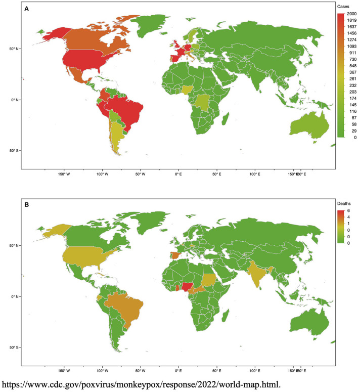 Number of monkeypox virus (MPXV) cases (A) and deaths (B) at the date of 23th September, 2022.