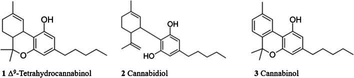 Chemical structures of Δ9-tetrahydrocannabinol, cannabidiol, and cannabinol