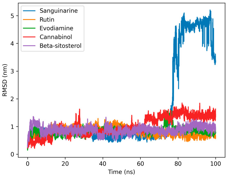 The RMSD values for the ligands Sanguinarine, Rutin, Evodiamine, Cannabinol, and β-sitosterol were examined during a 100 ns molecular dynamics simulation period. The ligands Rutin and Evodiamine showed consistently low RMSD values, suggesting higher binding stability, while the ligand Sanguinarine showed a significant increase in RMSD value, suggesting a displacement of the ligand from its binding site.