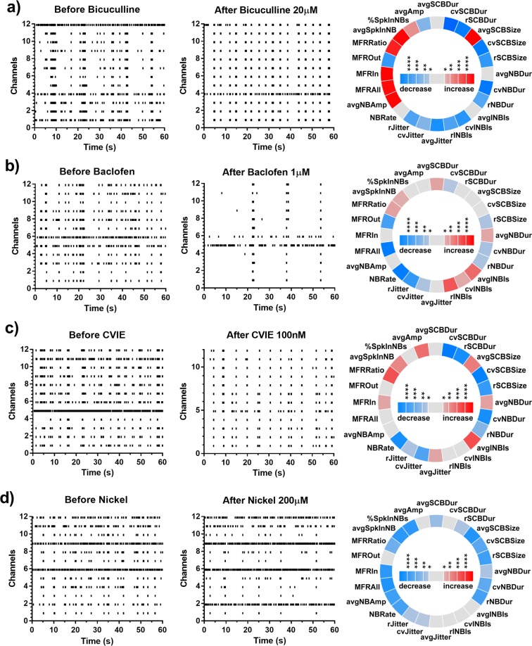 Changes in network behaviour evoked by drugs used for comparison. (a) 20 µM bicuculline, (b) 1 µM baclofen and (c) 200 µM Nickel (d) 100 nM CVIE. In each sub plot, representative raster plots of baseline activity of a culture, the activity after drug application and an iris plot showing the statistically significant changes in network features are shown. In the iris plot, each segment in the circle represents one feature. The colour scales represent the significance of p values (*p < 0.05, **p < 0.01, ***p < 0.001, ****p < 0.0001) resulting from paired t-tests.