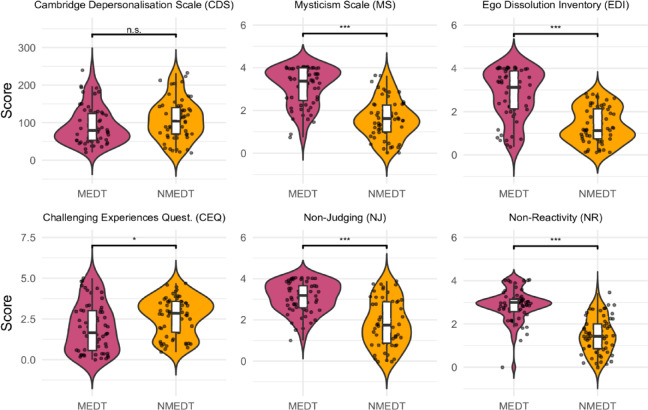 Questionnaire scores for the meditation (MEDT) and non-meditation (NMEDT) trigger groups. Violin shapes represent the distribution of individual scores; embedded boxplots show the median (line), interquartile range (box), and range excluding outliers (whiskers). Individual dots represent participants. Significance symbols (* < 0.05, ** < 0.01, *** < 0.001) reflect Bonferroni-corrected comparisons.
