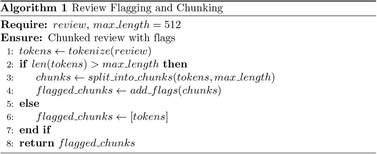 Pseudocode describing the review flagging and chunking process used in data preprocessing. Reviews exceeding the model’s maximum token limit (512) are divided into smaller segments, each tagged with positional flags to preserve context for subsequent analysis.