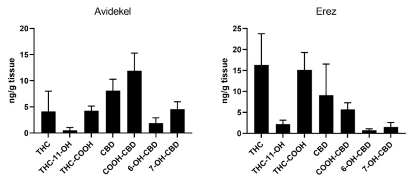 Levels of phytocannabinoid metabolites in liver tissue. Levels of THC, CBD, and their metabolites were assessed at the end of the treatment regime as described in materials and methods. Data are shown as mean ± SEM (n = 4).