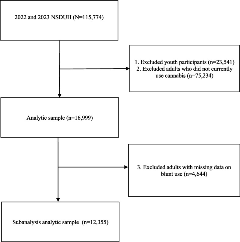 Study flowchart describing the selection of the analytic samples, the 2022 and 2023 National Survey on Drug Use and Health (NSDUH)