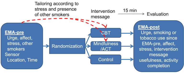 Flowchart for delivery of each intervention message in the microrandomized trial group. ACT: acceptance and commitment therapy; CBT: cognitive behavioral therapy; EMA: ecological momentary assessment.