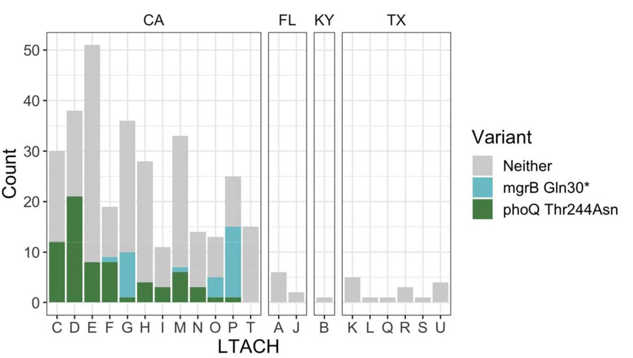 The two clonally expanded resistance variants occur across multiple LTACHs in California.10/11 LTACHs in the Los Angeles area have the variant, as well as one LTACH in the San Diego area.