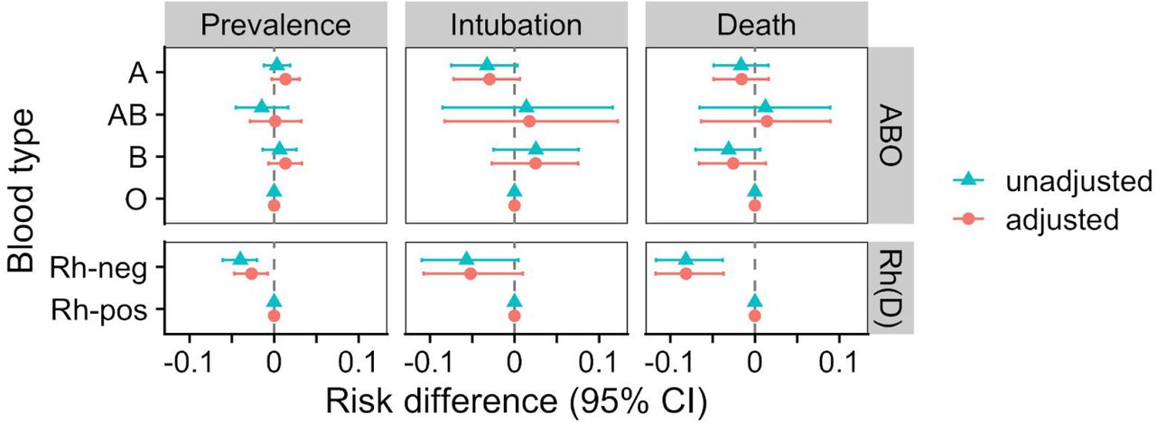 Estimated risk differences for blood types during the period from March 10 to August 1, 2020Values represent risk differences for each blood type relative to the reference groups: O for ABO and positive for Rh(D). Prevalence risk differences were computed using linear regression, while intubation and death were computed using the Fine-Gray model [58]. Differences and 95% confidence intervals (CI) computed using Austin’s method, including bootstrap [54]. Adjusted models include race and ethnicity as covariates.