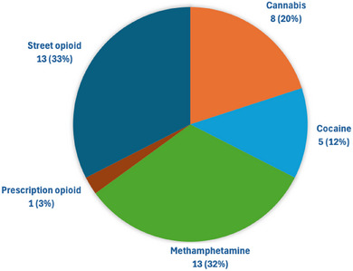 Primary drugs of use among 40 patients with syphilis and concomitant substance use disorder.