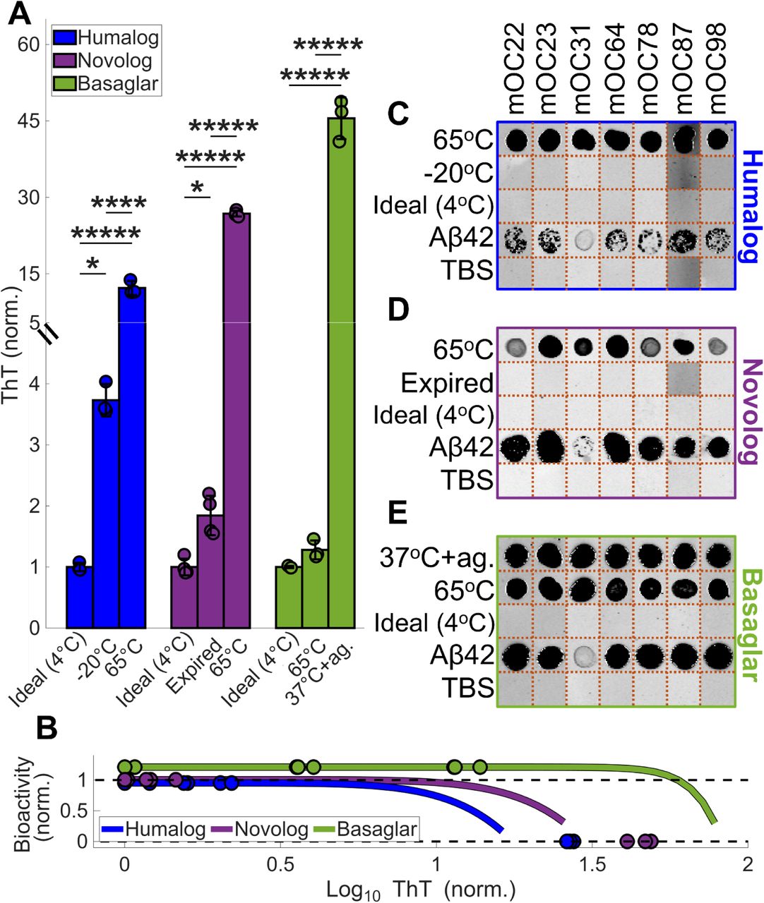 Antibody panel can detect fibril proteins formed from thermal exposures.(A) ThT readings of the insulin used for the dot blot experimentation. Each pairwise comparison was assessed using ANOVA with Tukey-Kramer correction. The asterisks denote ***** p < 10-5, **** p < 10-4, *** p < 10-3, ** p < 10-2, and * p < 5*10-2. (B) The ThT readings of the insulin analogs are denoted as dots on the CHO bioactivity curves from Fig. 2, showing the samples’ projected bioactivities. Results of the fibril antibodies’ dot blots for (C) Humalog, (D) Novolog, and (E) Basaglar are shown in compiled images. Each antibody is denoted a different mOC number. Aβ42 was the positive control, and TBS was the negative control. Each antibody per insulin type was a separate experiment and was cropped together to create panels C-E. The orange dotted lines are where the images were cropped. The full dot blot membranes are shown in Fig. S8.