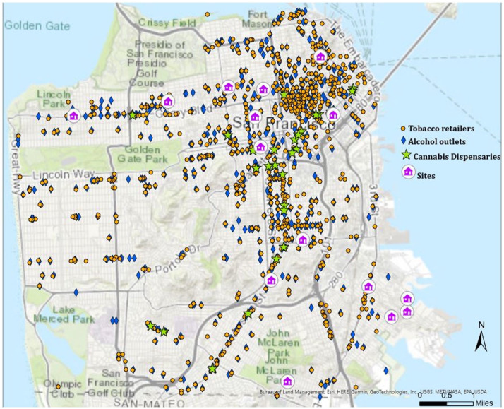 Map of All Housing Sites With Neighboring Alcohol Outlets, Cannabis Dispensaries, and Tobacco Retailers Around Each Site (N = 15 Sites)