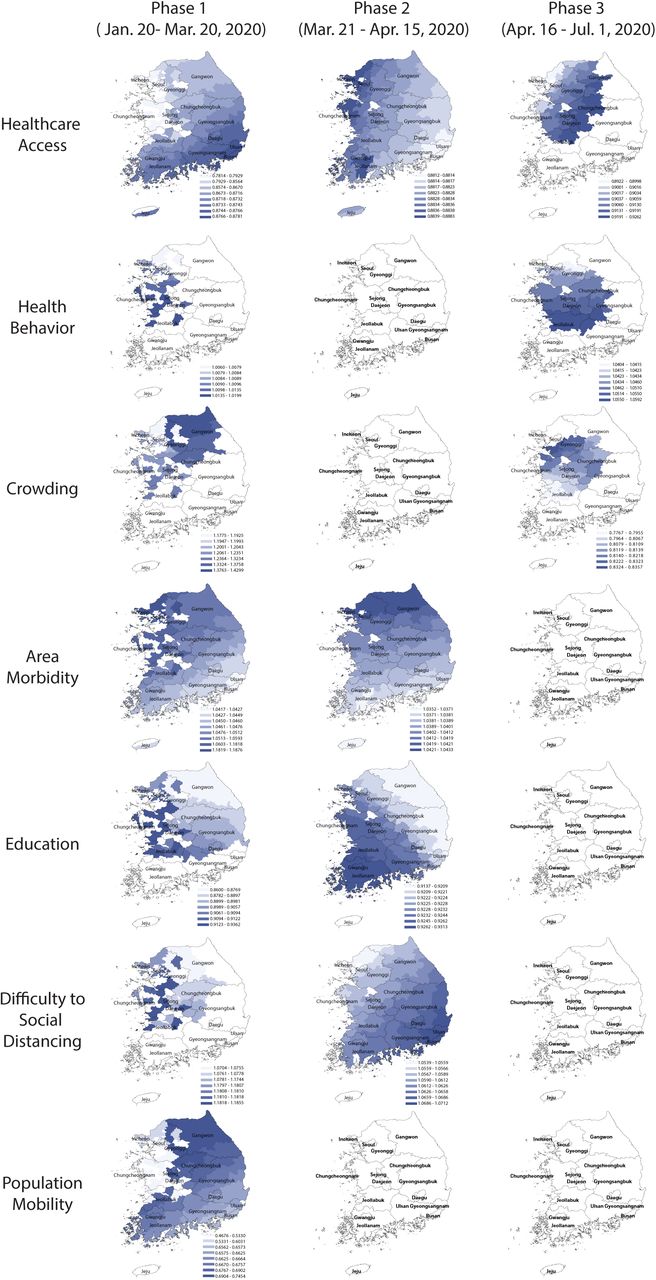 Spatial variation in the relative risk of COVID-19 associated with area-health and SES themes in the early, middle, and late phases of the pandemic, GWNBR models.In the maps, the blue colour gradient corresponds with larger (darker) to lower (lighter) relative risk. Areas in white indicate the relative risks are statistically not significant (α = 0.05). Columns titled Early, Middle, and Late phases refer to the pandemic’s early (January 20 to March 20, 2020), middle (March 21 to April 15, 2020), and late phases (April 16 to July 1, 2020).