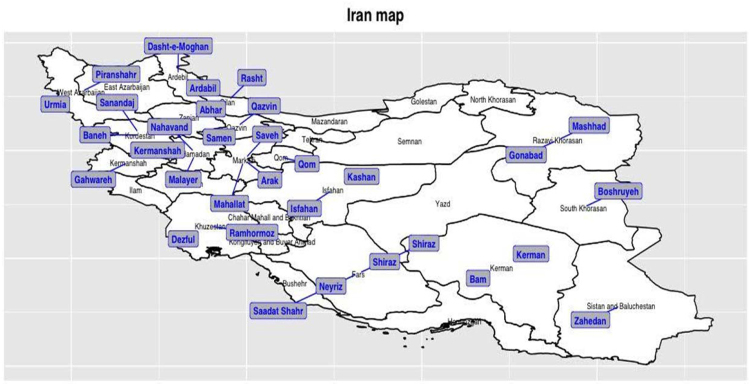 Geographical distribution of samples across Iran. This figure was produced using the R software version 3.1.3 with the packages: Raster version 2.5–8 (https://cran.r-project.org/web/packages/raster/index.html) and Ggplot2 version 2.2.1 (http://ggplot2.tidyverse.org/reference/)59.