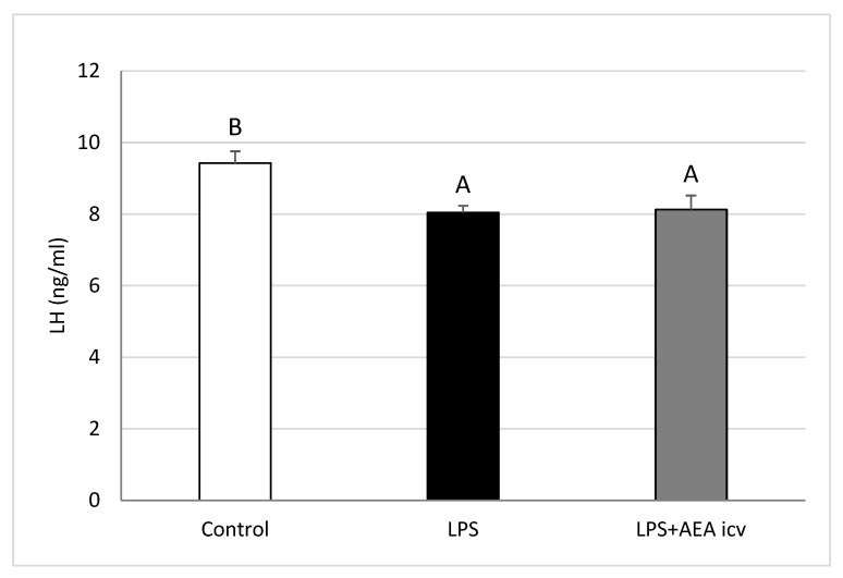 Effect of lipopolysaccharide (LPS; 400 ng/kg, IV) and anandamide (AEA; 100 µM/animal, ICV) injections on plasma luteinizing hormone (LH) concentrations. Data are expressed as mean ± SEM (n = 6 animals per group) for hormone concentrations measured 2–3 h after LPS treatment. Significant differences are indicated by different capital letters (one-way ANOVA followed by Tukey’s post hoc test). Statistical significance was accepted at p < 0.05 (Control vs. LPS p = 0.018988; Control vs. LPS + AEA ICV p = 0.027471).