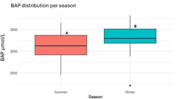 Biological antioxidant potential (BAP) values (µmol/L) distribution in dairy farms during summer and winter seasons. Different letters (A and B) indicate statistically significant differences between seasons (p < 0.05).
