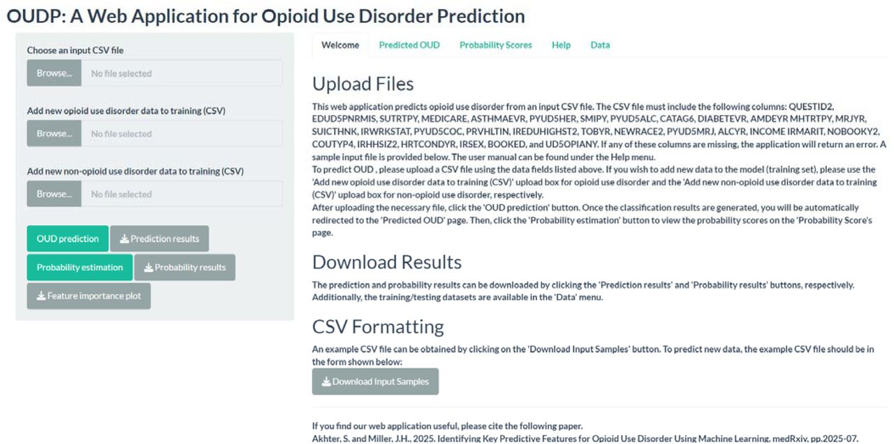 The web application for opioid use disorder prediction.