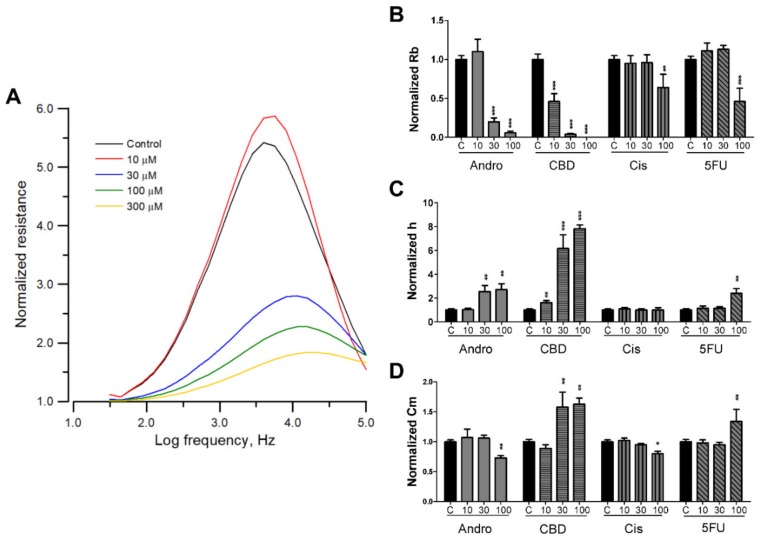 (A) Normalized resistance curves as a function of frequency obtained from a frequency-scan measurement 24 h after the addition of andrographolide to confluent SCC-25 cell layers at various concentrations of 10 μM (red), 30 μM (blue), 100 μM (green), 300 μM (yellow), and control (black). Changes in morphological parameters of confluent SCC-25 cell layers upon challenge with different concentrations of andrographolide, CBD, 5-FU, and cisplatin, respectively. Normalized junctional resistance between cells (B), average cell–substrate separation (C), and membrane capacitance (D) of the SCC-25 cell layers were obtained through cell-electrode model calculation of the frequency-scan data. Six independent frequency scan experiments were performed (n = 6). In each experiment, two or three wells were measured for each drug concentration. Values shown are mean ± standard error. * p < 0.05, ** p < 0.01, *** p < 0.001. Each value is expressed as a percentage of control.