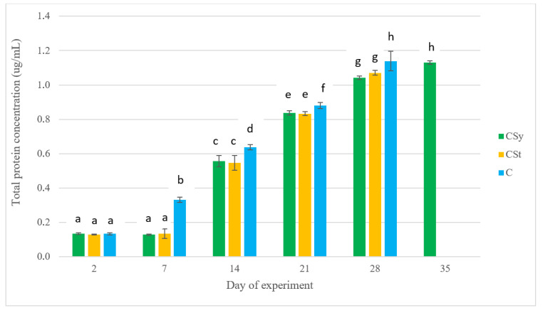 Protein concentrations in the 2-, 14-, 21-, 28- and 35-day-old workers’ protein surface after two methods of supplementation with CBD extract: C—control (pure sugar syrup), CSy—CBD extract in syrup, CSt—CBD extract on strips (two-way ANOVA): day of experiment: F(4,141) = 10,013, p = 0.000, se ± 0.003990; supplementation method*days of experiment F(8,141) = 38.956, p = 0.0000), se ± 0.006910; one-way ANOVA: supplementation method: F(2,154) = 0.84791, p = 0.43030, se ± 0.049263–0.055660. Small letters above the graph bars indicate statistically significant differences between all values obtained during the experiment.