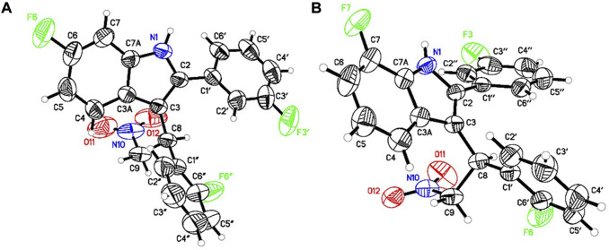 ORTEP diagram of (+)-GAT1664 [(A), CCDC no. 2086717] and (+)-GAT1666 [(B), CCDC no. 2086718].