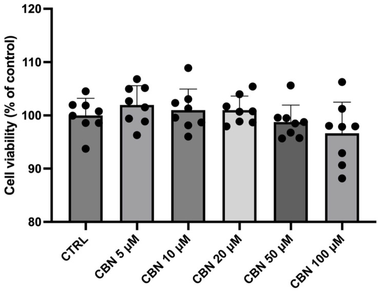 Effect on NSC-34 cell viability after CBN treatment for 24 h at different concentrations (5, 10, 20, 50, and 100 µM) compared to untreated NSC-34 cells (CTRL). Results are expressed as relative percentages to CTRL. Data are means ± SD from eight independent experiments. The black dots represent the individual values obtained from each repetition of spectrophotometric analysis.