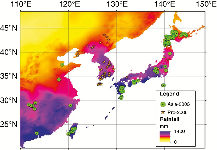 One hundred and fifty-eight site locations collected from Asia in 2006 plotted with 58 sites collected by Kew and ADAS between 1997 and 2001. The Asia-2006 collection sites in Eastern Asia range from 23° to 44°N, 111° to 144°E and altitudes from –3 m to 3123 m with a wide climatic range which is here represented by annual rainfall. Annual rainfall (in mm) is shown using a colour scale, with deep blue representing high annual rainfall (>1400 mm) and yellow representing annual rainfall approaching 0.