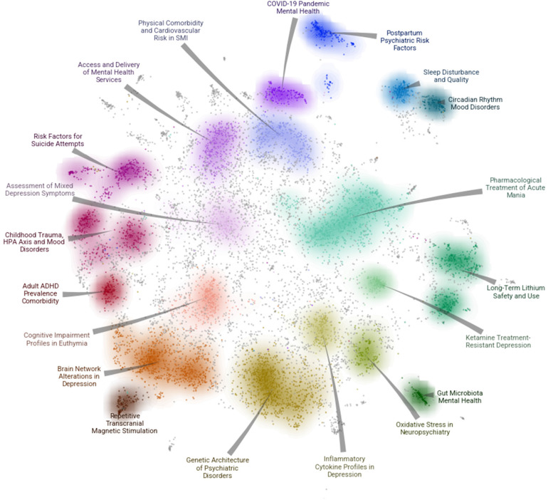 Visualization of clustering of PubMed abstracts. Each publication is represented as a point in the 2D-datamap after UMAP dimension reduction. Identified colour regions represent a topic. Clusters related to brain/cognition/ADHD occupy one region next to metabolic related, pharma-related ones, and circadian/sleep related (blue/teal). The choice of “leaf” hyperparameter results in relatively even sized clusters with some gaps between them as the spatial spread of the clusters is somewhat controlled. UMAP = Uniform Manifold Approximation and Projection.