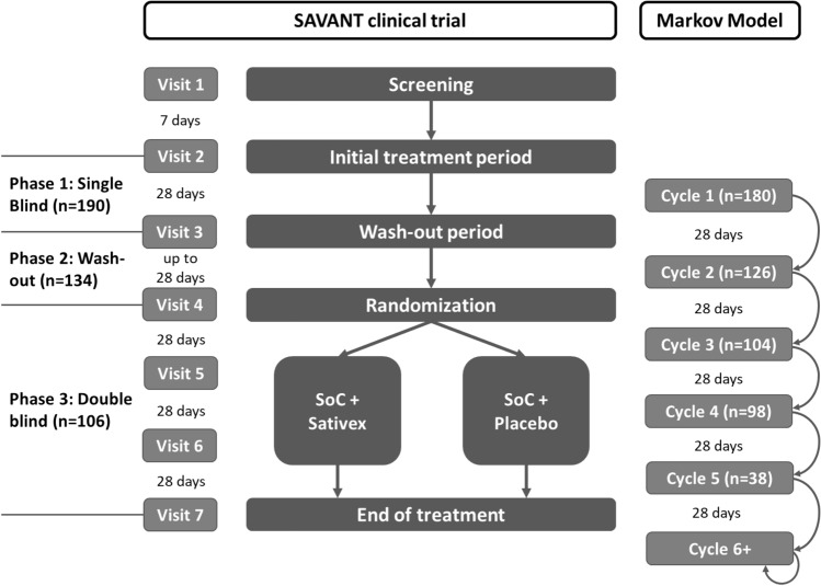 Overview of the design of the SAVANT trial and the cycles of the Markov model. SoC standard-of-care. Numbers between brackets indicate the total number of patients included in each phase of the trial, and available number of patients for calculating the transition probabilities for each cycle in the Markov model SoC standard-of-care