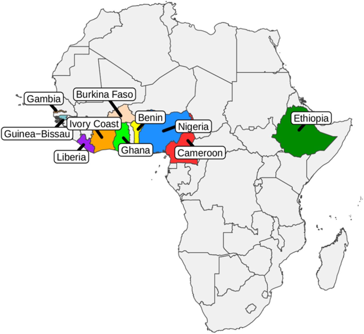 Map of African countries participating in the study on vaccination coverage among children aged 12 to 23 months in 10 Sub-Saharan African countries.